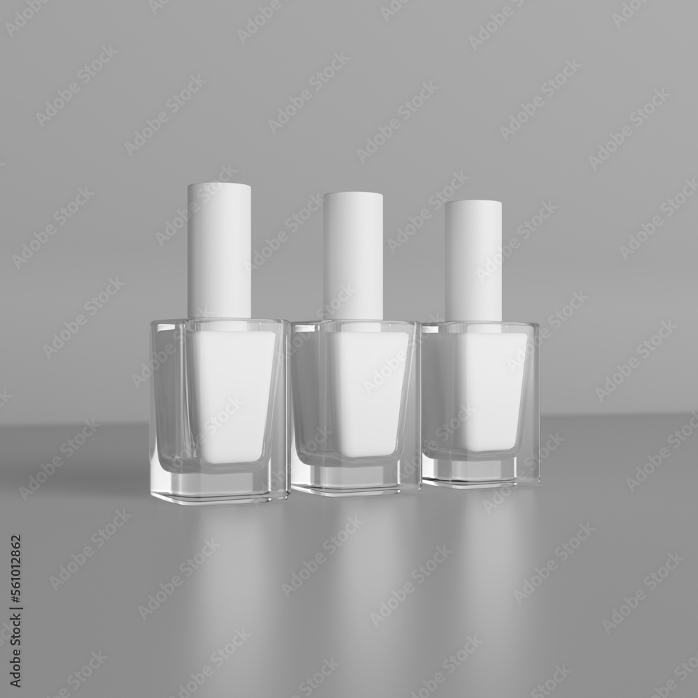 3D rendering mockup of empty white nail polish bottles to show packaging design 3D rendering mockup of empty white nail polish bottles to show packaging design