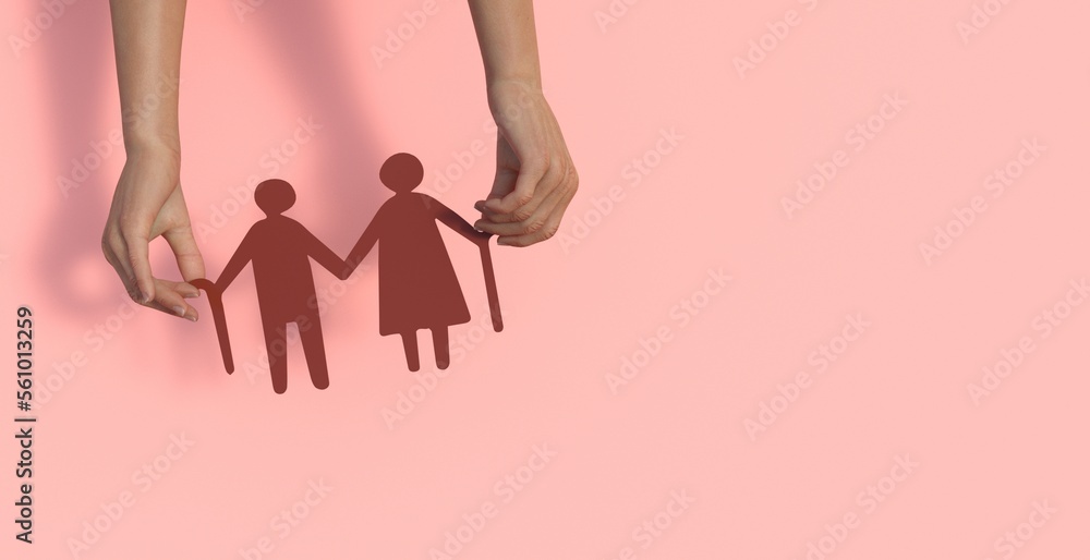 Hands holding elderly couple with walking sticks in heart shape, older people mental health, age care concept Hands holding elderly couple with walking sticks in heart shape, older people mental health, age care concept