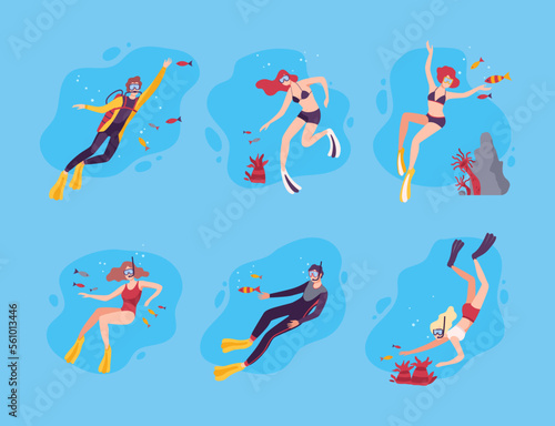 Scuba divers diving in ocean or sea on summer vacation set. Young men and women in masks swimming and observing coral reefs and fish. Underwater swimming flat