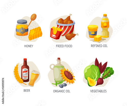 Healthy and unhealthy meal set. Honey  fried food  refined oil  beer  organic oil  vegetables cartoon vector illustration