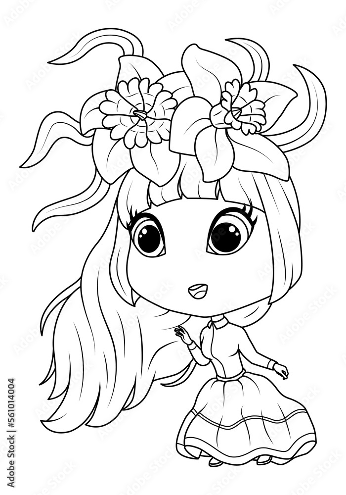 Girl with flowers in her hair. Princess daffodil. Coloring book for children. Vector illustration 