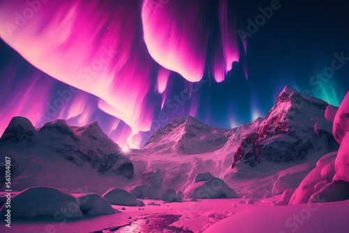Pink aurora, morthern lights over snow landscape. Generative AI
 photo