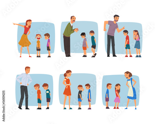 Set of parents scolding children. Angry mothers and fathers yelling at their kids cartoon vector illustration
