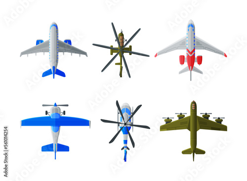 Top view of aircrafts and helicopter set. Various civil and military airplanes cartoon vector illustration
