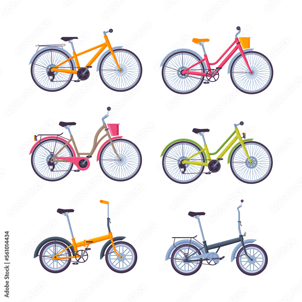 Set of bicycles. Side view of different bikes. Urban and sport eco friendly transport cartoon vector illustration Set of bicycles. Side view of different bikes. Urban and sport eco friendly transport cartoon vector illustration