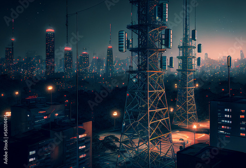Telecommunication tower with cellular network antennas on night city landscape. Generative Ai Art. Urban skyline. Futuristic scene.