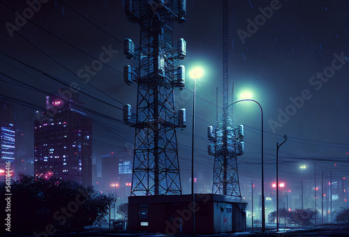 Telecommunication tower with cellular network antennas on night city landscape. Generative Ai Art. Urban skyline. Futuristic scene.