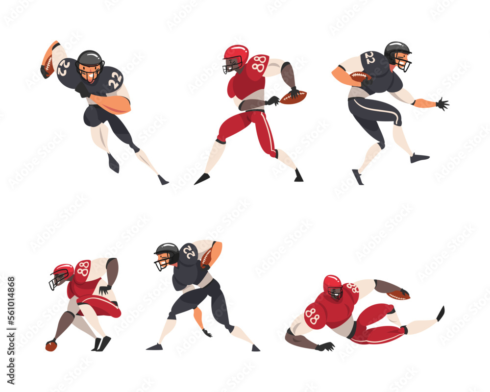 Set of american football players running with ball. Male athletes in uniform in different actions cartoon vector illustration