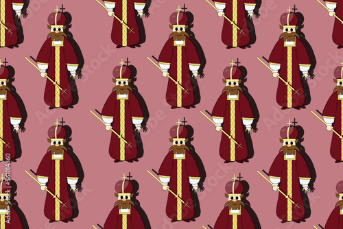 Seamless pattern with prince of Kievan Rus in cut out paper style. A king in a red robe, a crown and with a scepter in his hand on a viva magenta background. 