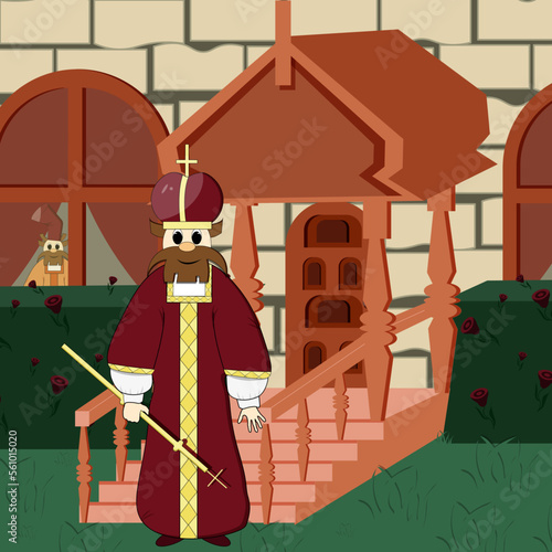 Prince of Kievan Rus near the palace. A king in a red robe, a crown and with a scepter in his hand on a palace background. A cartoon character. Noble persons. The nobleman.