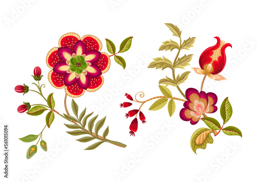 Fantasy flowers in retro, vintage, jacobean embroidery style. Element for design. Vector illustration.