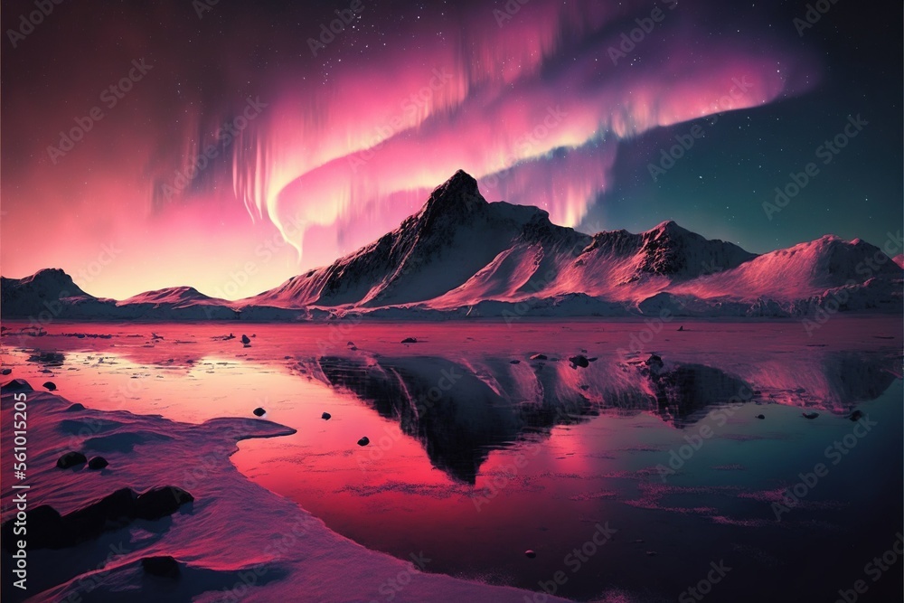 Polar landscape with a pink aurora borealis, ai generated