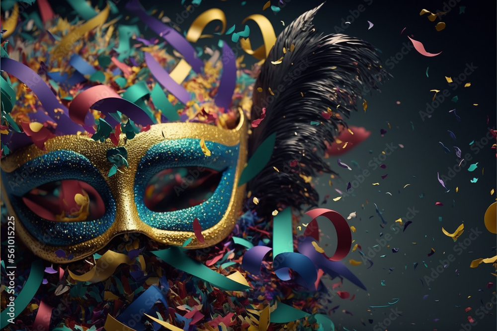 abstract background with brazilian carnival party theme, confetti, streamers, glitter, mask generate ai