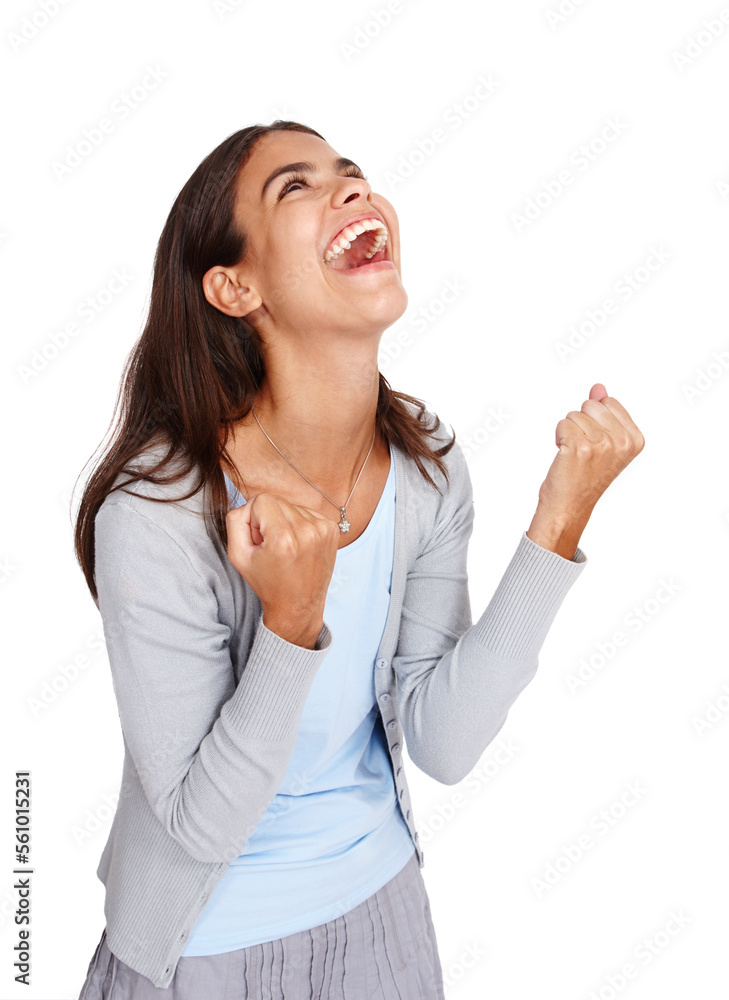 Success, wow and winner girl in studio with career victory, surprise and milestone with excited scream. Celebration, happiness and achievement of young business woman on isolated white background. Success, wow and winner girl in studio with career victory, surprise and milestone with excited scream. Celebration, happiness and achievement of young business woman on isolated white background.