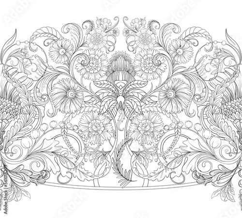 Decorative flowers and leaves in art nouveau style, vintage, old, retro style. Seamless pattern, background. Vector illustration. Seamless pattern, background.