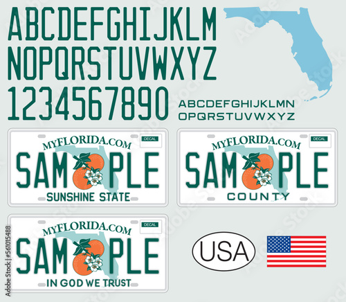 Florida License car plate pattern design, with numbers, letters and symbols, United States of America, vector illustration