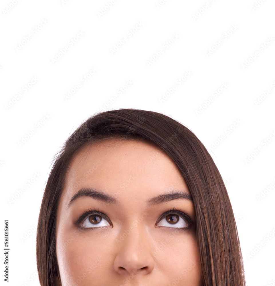Obraz premium Half face of a woman looking at mockup space in a studio for product placement or marketing. Beauty, young and female model a with empty mock up for advertising isolated by a white background.