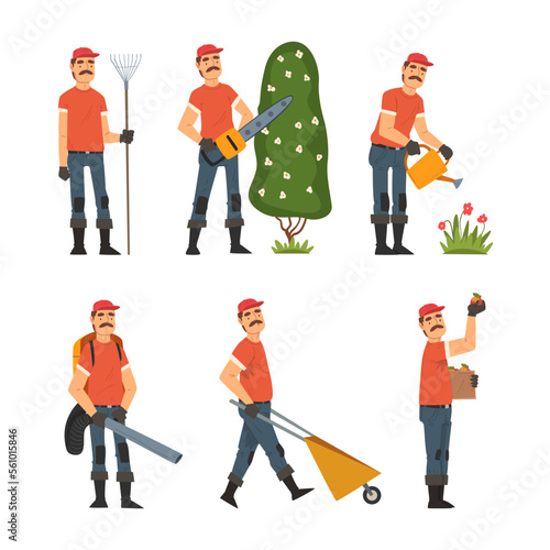 Professional gardener working in garden tools. Farm worker trimming bushes, harvesting, watering flowers cartoon vector illustration
