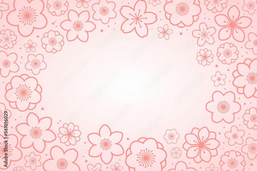 Spring blossoms, blooms, orange flowers frame with copy space. Line drawing vector illustration. Abstract geometric design. Concept for seasonal promotion, sale, advertising, banner, flyer, background