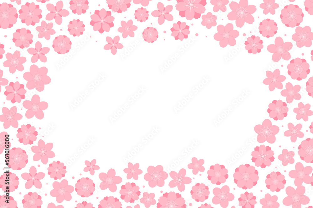 Spring blossoms, blooms, flowers frame, pink on white, with copy space. Flat style vector illustration. Abstract geometric design. Concept for seasonal promotion, sale, advertising, banner, poster