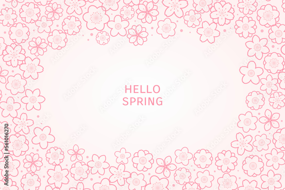 Spring blossoms, blooms, pink flowers frame with copy space. Line drawing vector illustration. Abstract geometric design. Concept for seasonal promotion, sale, advertising, banner, flyer, background