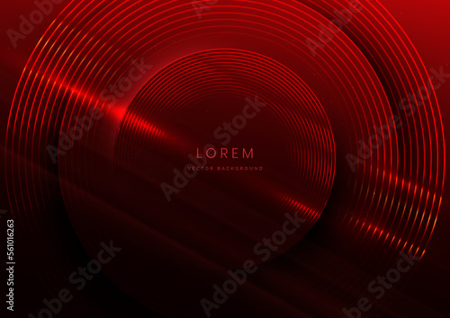 Abstract technology futuristic neon circle glowing red light lines on dark blue background.