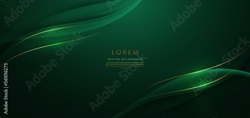 Abstract 3d gold curved green ribbon on dark green background with lighting effect and sparkle with copy space for text. Luxury design style.