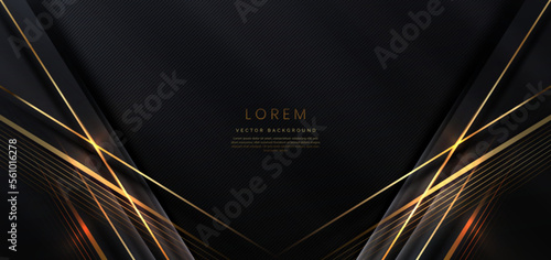 Abstract elegant black background with golden line and lighting effect sparkle. Luxury template design.