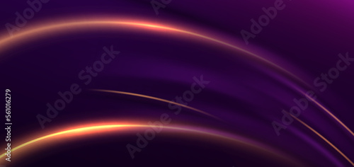 Abstract glowing gold curved lines on dark purple background with lighting effect and sparkle with copy space for text. Luxury design style.
