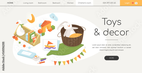 Toys and decor - line design style isometric web banner