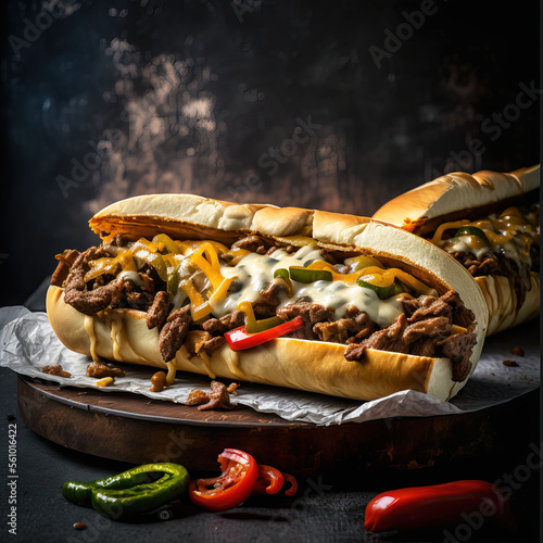 Philly cheese steak fast food hot served on napkins and rustic serving board