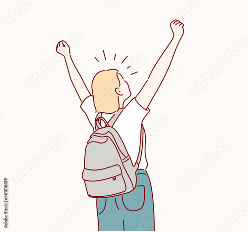 Happy woman stands with raised hands. A joyful girl joins events with her open arms. Hand drawn style vector design illustrations.