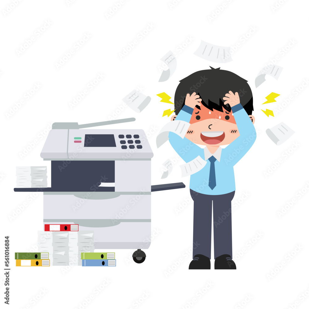 Confused business worker broke copy print Office multifunction machine Confused business worker broke copy print Office multifunction machine