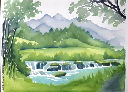 forest and waterfall drawn digital painting watercolor illustration