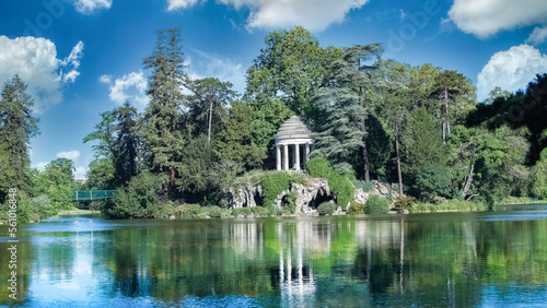 Vincennes, the temple of love and artificial grotto on the Daumesnil lake, in the public park