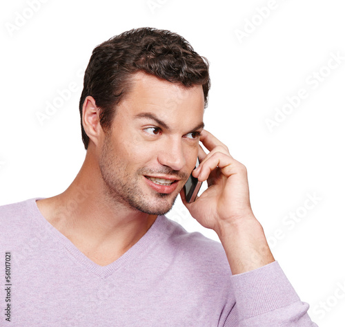 Man, thinking and phone call conversation in studio for online communication, mobile phone discussion and isolated in white background. Casual person, smartphone and idea vision or speaking on call