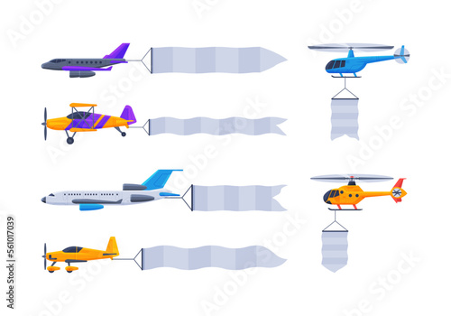Set of aircrafts flying with blank horizontal banners. Advertising banner pulled by airplanes and helicopters cartoon vector illustration
