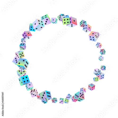 Gambling dice. Round pattern of polyhedral game cubes in gradient color with black dots on white. To play in casino, roll dice from one to six points with random numbers. Good luck concept. Vector