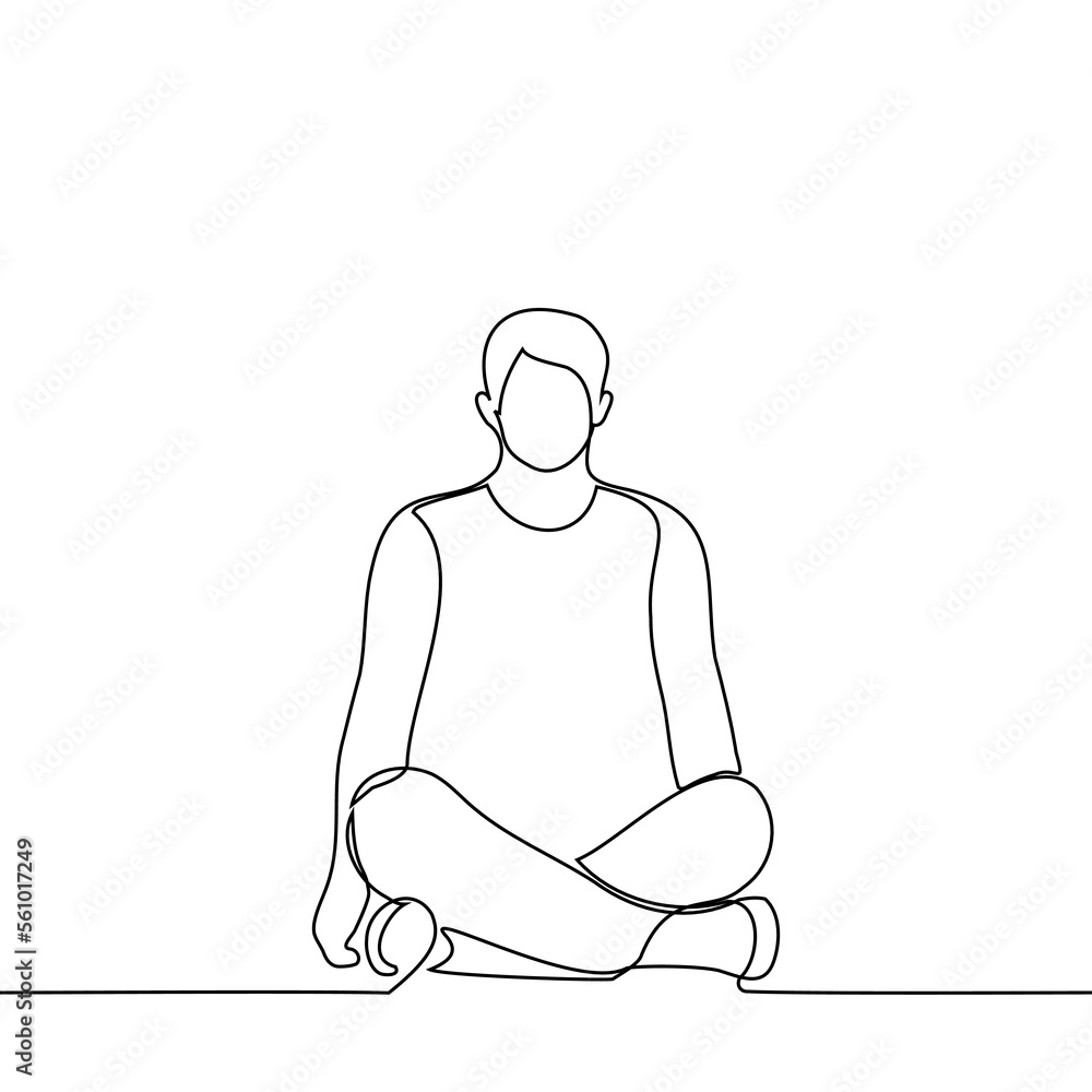 man sits cross-legged on the floor, he meditates - one line drawing vector. concept meditation, yoga man sits cross-legged on the floor, he meditates - one line drawing vector. concept meditation, yoga
