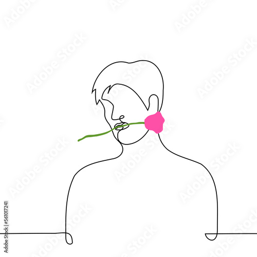 man with a rose in his mouth looks at the viewer - one line drawing vector. concept lover, enamored, seducer