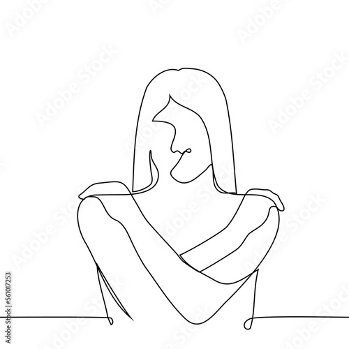 naked woman covered her chest with her hands - one line drawing vector. concept my body is my business, breast cancer awareness, uncomfortable nudity