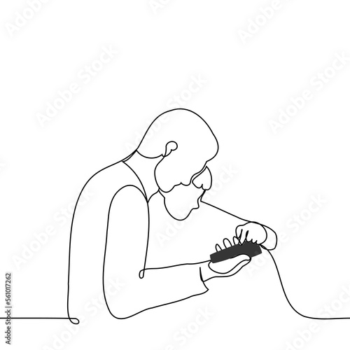teenager shows an adult what is on the phone in the hand of an adult - one line drawing vector. concept generation z teaches boomer or millennials new mobile technologies