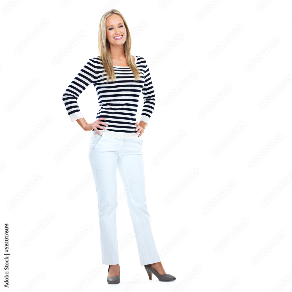 Portrait, mockup and full body with a model woman in studio isolated on a white background for fashion. Marketing, advertising and stripes with an attractive female standing on blank mock up space Portrait, mockup and full body with a model woman in studio isolated on a white background for fashion. Marketing, advertising and stripes with an attractive female standing on blank mock up space
