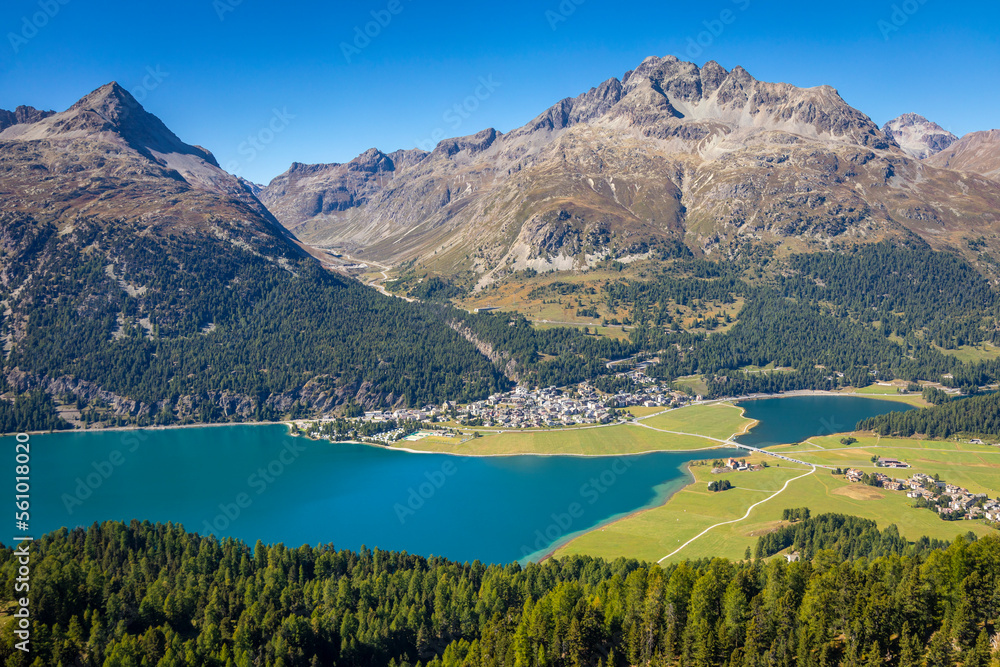 Above Silvaplana lake, Sils and Maloja from Piz Corvatsch, Engadine, Switzerland