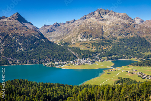 Obraz na płótnie Above Silvaplana lake, Sils and Maloja from Piz Corvatsch, Engadine, Switzerland w salonie