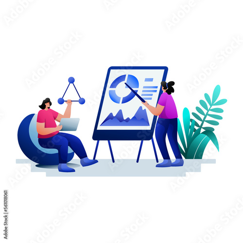 Project Stakeholders Flat Illustration gradient blue. finance management business concept. teamwork on the chart analysis board. suitable for mobile app web landing pages. vectors