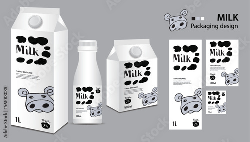 Milk package design, milk label design, Milk boxes set and bottle vector, box realistic 3d illustration, creative packaging template, product design, food banner, cute cow logo cartoon illustration