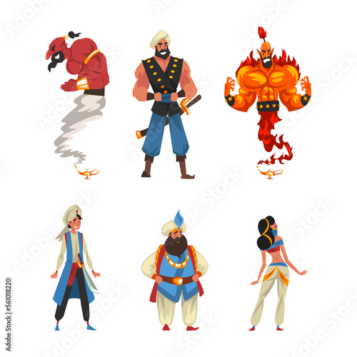 Heroes of oriental Arabian tales set. Arab man, prince, princess and genie characters cartoon vector illustration