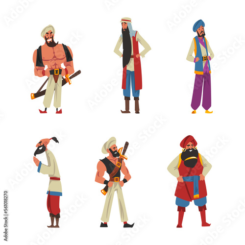 Heroes of Arabian tales set. Arab men characters cartoon vector illustration