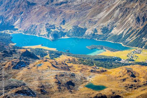 Above Silvaplana lake, Sils and Maloja from Piz Corvatsch, Engadine, Switzerland